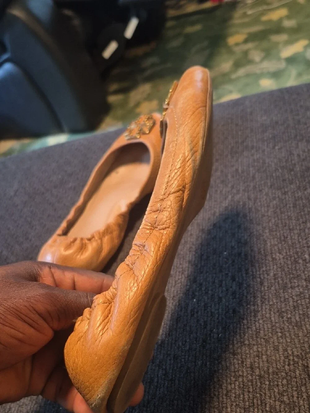 Tory Burch Caramel Leather Ballet Flats with Gold Logo